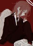  1boy angel_devil_(chainsaw_man) angel_wings black_jacket black_necktie black_pants chainsaw_man expressionless formal halo highres jacket medium_hair messy_hair necktie pants red_background red_hair simple_background sitting solo suit white_wings wings woruworu_61 