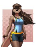  2022 absurd_res anthro black_nose bottomwear breasts brown_eyes brown_hair clothed clothing eyebrows eyelashes female hair hi_res long_hair lutrine mammal medium_breasts mustelid mykegreywolf nat_(mykegreywolf) one-piece_swimsuit partially_clothed shorts shoulder_tuft solo swimwear tuft 