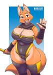  2022 5_fingers absurd_res anthro artist_name big_breasts biped breasts canid canine diane_foxington dreamworks eyebrow_piercing facial_piercing female fingers fluffy fluffy_tail fox gesture hi_res holding_object holding_staff huge_breasts mammal mossist piercing portrait smile solo staff the_bad_guys thick_thighs three-quarter_portrait waving year 