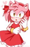  1girl :o amy_rose blush bow bracelet dress furry furry_female gloves green_eyes hair_bow hairband heart jewelry looking_at_viewer red_bow red_dress red_hairband simple_background solo sonic_(series) tasikyu white_background white_gloves 