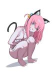  1girl animal_ears bangs barefoot blue_eyes blush bocchi_the_rock! breasts cat_ears cat_tail covering covering_breasts fake_animal_ears fake_tail feet gotou_hitori hair_between_eyes hair_cubes hair_ornament highres jacket long_hair looking_at_viewer nude one_side_up open_mouth pink_hair ryuuforkaf simple_background sitting solo sweatdrop swimsuit tail toes white_background 