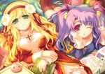  :3 :p arm_support blonde_hair book cross flower green_eyes hair_ornament hair_ribbon high_priest highres long_hair lying mini_koala multiple_girls on_stomach one_eye_closed ponytail priest priest_(ragnarok_online) purple_eyes ragnarok_online ribbon thighhighs tongue tongue_out white_legwear 