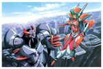  armor blue_eyes bodysuit boots city clenched_hand day fingerless_gloves flying gloves green_hair headgear highres hirano_toshihiro iczelion iczer_(series) kai_nagisa knee_boots mecha mecha_musume official_art scan short_hair sky solo 