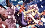  absurdres blonde_hair boots elbow_gloves gap gloves hair_ribbon hat highres long_hair purple_eyes ribbon smile solo touhou white_gloves yakumo_yukari yuuki_tatsuya 