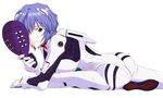  absurdres artist_request ass ayanami_rei blue_hair bodysuit highres mask neon_genesis_evangelion official_art pale_skin plugsuit red_eyes short_hair simple_background solo white_bodysuit 
