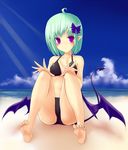  beach bikini blush female full_body green_hair monster_girl original outdoors pointy_ears purple_eyes sky solo swimsuit tail tsukumiya_amane wings 