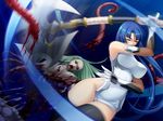  2girls axe bare_shoulders black_legwear blood blue_hair breasts death double_bladed_axe elbow_gloves female fighting fishnets game_cg girl gloves green_hair guts half-closed_eyes hips kagami kagami_hirotaka large_breasts lilith-soft lilith_soft long_hair looking_away motion_blur multiple_girls nipples open_mouth red_eyes taimanin_asagi taimanin_murasaki tentacle tentacles thighhighs thighs weapon yatsu_murasaki 