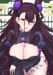  1girl ao_banana arm_under_breasts bangs black_dress blush breasts brown_hair cleavage_cutout double_bun dress fate/grand_order fate_(series) frills hair_between_eyes hair_ornament highres hip_focus large_breasts leaning_forward long_hair long_sleeves looking_at_viewer murasaki_shikibu_(fate) open_mouth puffy_sleeves purple_eyes ribbed_dress solo thighs two_side_up very_long_hair 