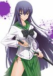  blue_eyes bow busujima_saeko highschool_of_the_dead long_hair panties prime purple_hair revision ribbon school_uniform serafuku sheath side-tie_panties side_slit solo sword torn_clothes underwear unsheathing very_long_hair weapon 