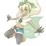  belt blush boots dark_skin erufuun gloves hair_ribbon halter_top halterneck headband jacket jumping leaf moemon navel personification pokemon pokemon_(game) pokemon_black_and_white pokemon_bw ribbon stockings thighhighs translation_request whimsicott white_hair wink winking yellow_eyes 