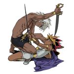  2boys atem bakura_ryou dark_skin jewelry loincloth lots_of_jewelry multiple_boys ryou_bakura scar thief_king_bakura yu-gi-oh! yuu-gi-ou_duel_monsters 