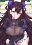 1girl ao_banana arm_under_breasts bangs black_dress blush breasts brown_hair cleavage cleavage_cutout double_bun dress fate/grand_order fate_(series) frills hair_between_eyes hair_ornament highres hip_focus large_breasts leaning_forward long_hair long_sleeves looking_at_viewer murasaki_shikibu_(fate) open_mouth puffy_sleeves purple_eyes ribbed_dress solo thighs two_side_up very_long_hair 