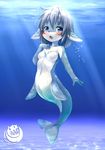  aquatic blue_eyes blue_skin blush breasts fang female fins fishy full_body furry grey_hair ka_(pixiv341010) kagerofu looking_at_viewer mermaid monster_girl ocean open_mouth original solo underwater water 