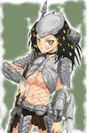  armor blade blades breasts dreadlocks fishnet_top fishnets gauntlets green_eyes hairlocs navel navel_piercing personification pierced_navel piercing plasma_cannon plasma_caster polearm pose predator spear weapon wrist_blades 