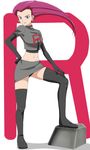  alternate_costume black_panties clothes_writing hair_slicked_back legs musashi_(pokemon) panties pokemon pokemon_(anime) ribonzu solo team_rocket thighhighs underwear 