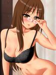  bare_shoulders blush bottomless bra breasts brown_eyes brown_hair cleavage glasses k-on! lingerie lipstick long_hair makeup no_panties smile teacher underwear yamanaka_sawako 