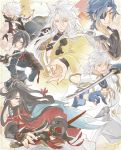  6+boys armor black_hair earrings eyepatch fighting_stance fingernails fox haruka_(one01luffylove) highres izumi-no-kami_kanesada japanese_armor japanese_clothes jewelry kogitsunemaru long_hair looking_at_viewer male_focus menpoo military military_uniform multiple_boys nakigitsune nakigitsune&#039;s_fox open_mouth pom_pom_(clothes) purple_eyes sharp_fingernails shokudaikiri_mitsutada shorts sword tantou touken_ranbu tsurumaru_kuninaga uniform weapon yagen_toushirou 