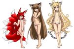  3girls aliasing animal_ears blush covering enoko_(zqfebi) flat_chest multiple_girls original smile tail 