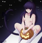  1girl abs artist_name black_bow bow breasts cat_tail collarbone commentary empty_eyes english_commentary eyebrows_visible_through_hair frederica_bernkastel halloween heartszora highres jack-o&#039;-lantern kneehighs long_hair looking_at_viewer nipples nude purple_eyes purple_hair sitting small_breasts tail tail_bow umineko_no_naku_koro_ni very_long_hair white_legwear 