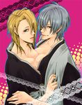  bleach blonde_hair blue_eyes genderswap grey_hair ichimaru_gin japanese_clothes kira_izuru lace nipples red_eyes yuri 