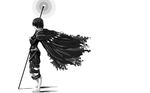  1girl barefoot black_hair cape choker demon&#039;s_souls demon's_souls dress feet female from_software full_body gei-vorugu_(pixiv1158215) highres maiden_in_black monochrome short_hair solo souls_(from_software) staff 