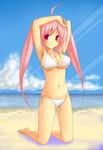  beach bikini blush breasts cleavage female full_body highres original outdoors pink_hair purple_eyes side-tie_bikini sky smile solo swimsuit tsukumiya_amane 