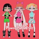  adapted_costume arm_at_side belt black_gloves black_hair blonde_hair blossom_(ppg) blue_eyes bow bubbles_(ppg) buttercup_(ppg) commentary fangs fingerless_gloves fist_in_hand fusion gloves green_eyes hair_bow hand_on_hip hands_together imaikuy0 inkling long_hair looking_at_viewer multiple_girls pantyhose parody pink_eyes powerpuff_girls red_background red_hair shoes short_hair short_shorts shorts simple_background sleeveless smile sneakers splatoon_(series) standing tentacle_hair very_long_hair white_gloves wristband 