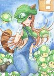  1up ?_block animal_ears blue_eyes boots breasts brown_hair genderswap gloves hat koharukotora long_hair luigi mushroom open_mouth overalls raccoon_ears raccoon_girl raccoon_tail super_mario super_mario_bros. underboob 