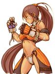  armband bandage bandages bandaid bare_shoulders berasts boots breasts brown_hair dfo dungeon_and_fighter dungeon_fighter_online earring earrings female fighter fighter_(dungeon_and_fighter) gloves jewelry long_hair midriff navel ponytail shorts simple_background solo very_long_hair white_background 