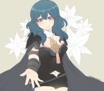  1girl armor black_armor black_shorts blue_eyes blue_hair byleth cape closed_mouth fire_emblem fire_emblem:_fuukasetsugetsu flower long_hair navel nintendo outstretched_arm plushcharm shorts smile solo twitter_username 