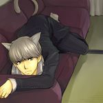  animal_ears atlus cat_ears cat_tail catboy couch grey_hair indoors looking_at_viewer lowres male_focus narukami_yuu persona persona_4 school_uniform seta_souji solo tail 
