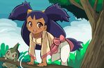  1girl axew blush child dark_skin flat_chest iris_(pokemon) long_hair open_mouth pokemon pokemon_(game) pokemon_black_and_white pokemon_bw purple_hair smile tree 