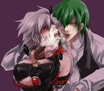  1girl alpha-01 bdsm blazblue blush bondage bound breasts cleavage drooling fingerless_gloves forced genderswap gloves green_hair hazama kaneaki_mukku large_breasts popped_collar ragna_the_bloodedge saliva saliva_trail silver_hair tears tongue tongue_out 