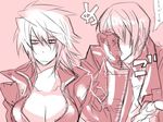  1girl alpha-01 blazblue breasts cleavage genderswap hazama kaneaki_mukku large_breasts monochrome necktie popped_collar punching ragna_the_bloodedge 