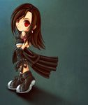  boots brown_hair earrings female final_fantasy final_fantasy_vii final_fantasy_vii_advent_children full_body gloves gradient gradient_background jewelry kycha long_hair looking_back red_eyes shoes shorts skirt sneakers solo tifa_lockhart 
