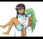  blue_skin brown_hair carrying dark_skin dog_collar dorei futaba_channel green_hair long_hair maid maid_headdress multiple_girls nijiura_maids no_shoes panties pantyshot princess_carry shitai side-tie_panties simple_background thighhighs underwear white_background 