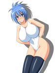  blue_eyes blue_hair blush breast_expansion breasts cleavage genderswap genzaburoh kampfer large_breasts one-piece_swimsuit one_piece_swimsuit senou_natsuru smile swimsuit thighhighs 