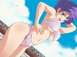  1girl animated animated_gif beauty_mark blue_eyes blush bouncing_breasts bra breasts cleavage dragon_ball dragonball gif lingerie lowres mole outdoors panties purple_hair ranfan smile solo trinitron_cg underwear 