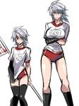  :| alpha-01 blazblue breasts buruma closed_mouth contrapposto crossed_arms genderswap genderswap_(mtf) green_eyes gym_uniform heterochromia kaneaki_mukku kneehighs medium_breasts multiple_girls older ragna_the_bloodedge red_eyes shirt_tug short_hair silver_hair standing teenage thighhighs time_paradox white_background younger 