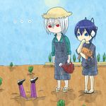  ... angry blue_eyes blue_hair buried cat cousins covering covering_face covering_mouth curious farm gardening geta hat headphones loki loki_(devil_survivor) megami_ibunroku_devil_survivor naoya overalls protagonist_(devil_survivor) red_eyes sandals shorts siblings straw_hat watering_can white_hair 