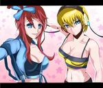  2girls bare_shoulders blonde_hair blue_eyes breasts cleavage flower frown fuuro_(pokemon) gym_leader hair_ribbon halter_top halterneck headphones jacket kamitsure_(pokemon) long_hair multiple_girls navel nintendo open_mouth pokemon pokemon_(game) pokemon_black_and_white pokemon_bw ponytail red_hair ribbon shirt short_hair smile striped striped_shirt 