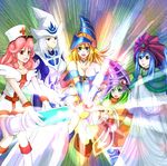  5girls black_magician_girl blonde_hair blue_hair blush bow breasts card_ejector cleavage collar dark_magician_girl duel_monster gloves green_hair injection_fairy_lily lady_of_faith long_hair multiple_girls open_mouth pink_hair silent_magician silent_magician_lv8 staff syringe wand white_hair yu-gi-oh! yuu-gi-ou yuu-gi-ou_duel_monsters 