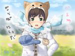  blush boy breath brown_hair child cold gloves green_eyes hat highres male male_focus nature open_mouth original outdoors outside rod_(artist) scarf short_hair shota sky solo 