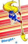  1girl blonde_hair blue_eyes bodysuit character_name courtney_whitmore dc_comics female gloves kikisuke_t long_hair mask skin_tight solo staff stargirl 