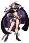  ahoge arm_up bandage bandages belt big_breasts bikini black_bra blue_eyes boots bra bracelet breasts cape cleavage earrings female full_body gloves hand_on_hip high_heels hips jewelry large_breasts long_hair midriff naga_the_serpent navel open_mouth purple_hair sack sheath shoes simple_background skull slayers smile solo spikes standing swimsuit sword teeth thigh_strap thighband tiara tongue underwear veil violet_hair wavy_hair weapon white_background wink 