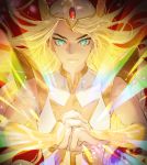  artist_name biceps blonde_hair blue_eyes bracer clenched_hand commentary_request fist_in_hand glowing lens_flare long_hair masters_of_the_universe oollnoxlloo rainbow red_background serious she-ra she-ra_and_princesses_of_power shining shoulder_armor sleeveless solo sparkle tiara toned twitter_username upper_body very_long_hair 
