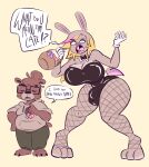  2020 absurd_res anthro big_breasts big_bulge blonde_hair blonde_highlights bow_tie breasts brown_bear brown_body brown_fur brown_hair buckteeth bulge bunny_costume cerealharem_(artist) claws cleavage clothed clothing costume curvaceous curvy_figure dialogue duo easter easter_egg english_text eyes_closed eyewear feet female fingers fishnet fluffy fluffy_tail fur glasses gloves gynomorph hair handwear hi_res highlights_(coloring) holidays hoodie hourglass_figure huge_breasts intersex lagomorph leotard leporid lipstick makeup mammal multicolored_body multicolored_fur multicolored_hair open_mouth pink_hair pink_highlights playboy_bunny pork_(cerealharem) rabbit red_lipstick short_tail simple_eyes small_waist tan_body tan_fur teeth text thick_thighs toe_claws toes tongue topwear two_tone_body two_tone_fur ursid ursine voluptuous wide_hips wink_(pork_eh) 