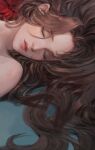  1girl aerith_gainsborough aqua_background bangs bare_shoulders brown_hair closed_eyes final_fantasy final_fantasy_vii final_fantasy_vii_remake flower hair_between_eyes hair_down highres korean_commentary long_hair lying on_back parted_bangs parted_lips red_flower solo srasa upper_body wavy_hair 