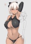  1boy 1girl age_difference armpits bikini black_bikini black_bra blush bra dark-skinned_female dark_skin elbow_gloves erimiko faceless faceless_male fate/grand_order fate_(series) gloves grey_background heart hetero okita_souji_(fate) okita_souji_alter_(fate) onee-shota simple_background smell smelling_armpit spoken_heart swimsuit underwear white_hair yellow_eyes 