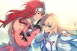  1boy 1girl bird blonde_hair choker coat colette_brunel echo_(circa) gloves headband jewelry long_hair looking_at_viewer red_hair smile tales_of_(series) tales_of_symphonia zelos_wilder 